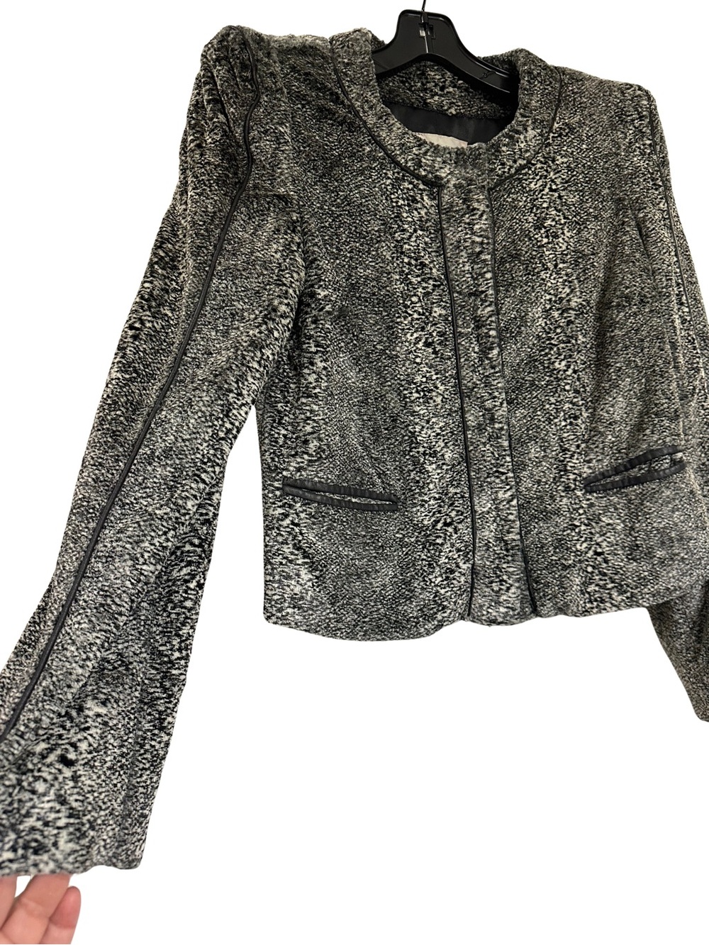RACHEL Rachel Roy Faux Fur Jacket Black White Salt Pepper Leather Trim Sz 6